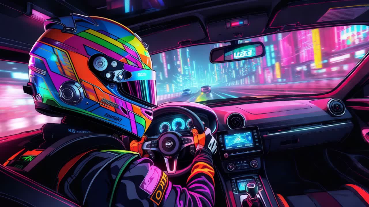 미래의 자동차에서 네온 불빛으로 밤을 운전하는 것