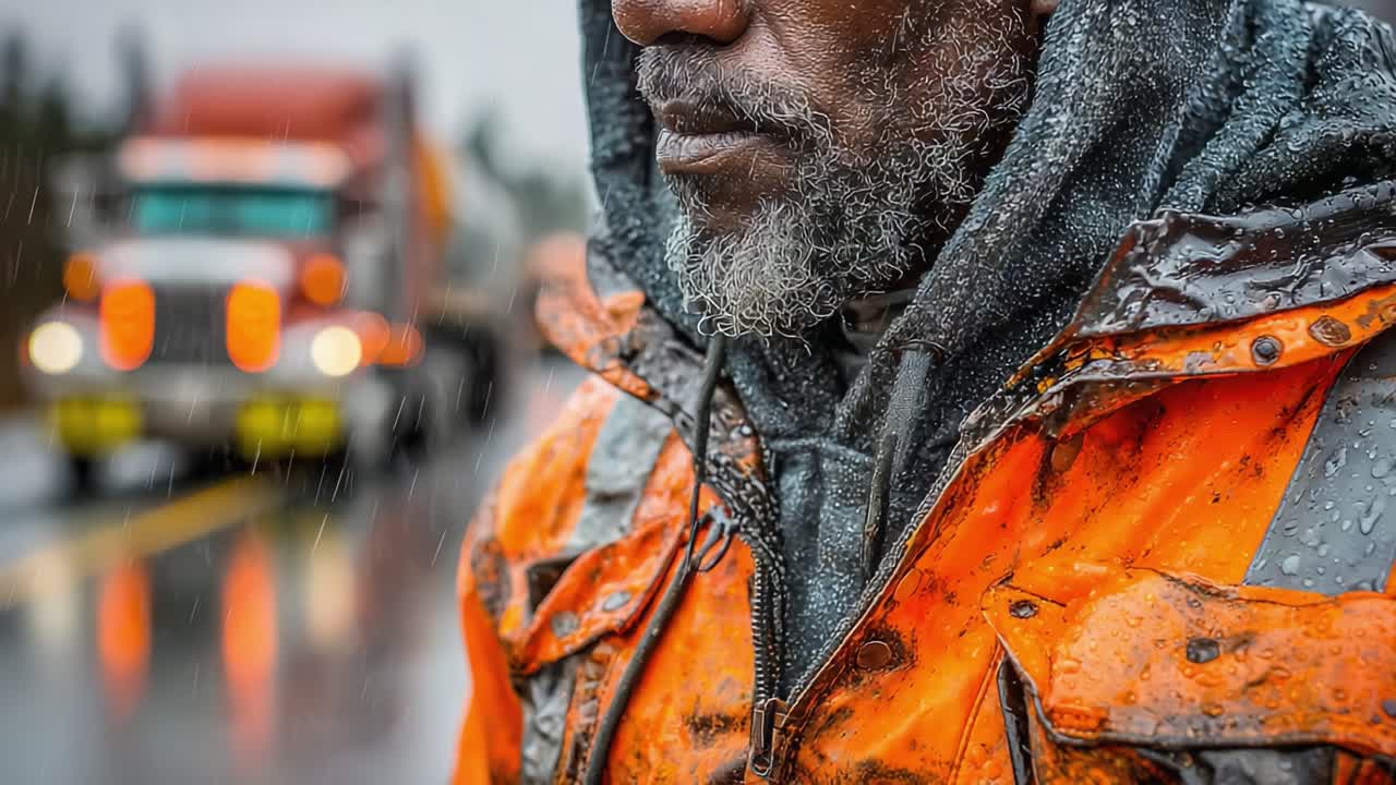 En robust arbejder i regnvejr: Indfang essensen af en viljestærk mand i vandtæt udstyr, stående ved siden af en lastbil i dårligt vejr