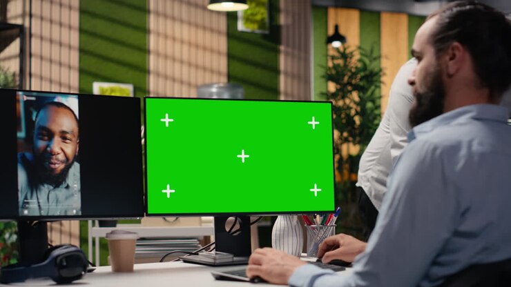 Mand arbejder ved computer med grøn skærm og videoopkald