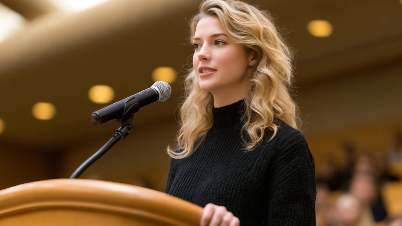 Engaging and Confident Speaker Delivering a Speech at a Podium, Captivating Audience with Poise and Eloquence in a Professional Setting