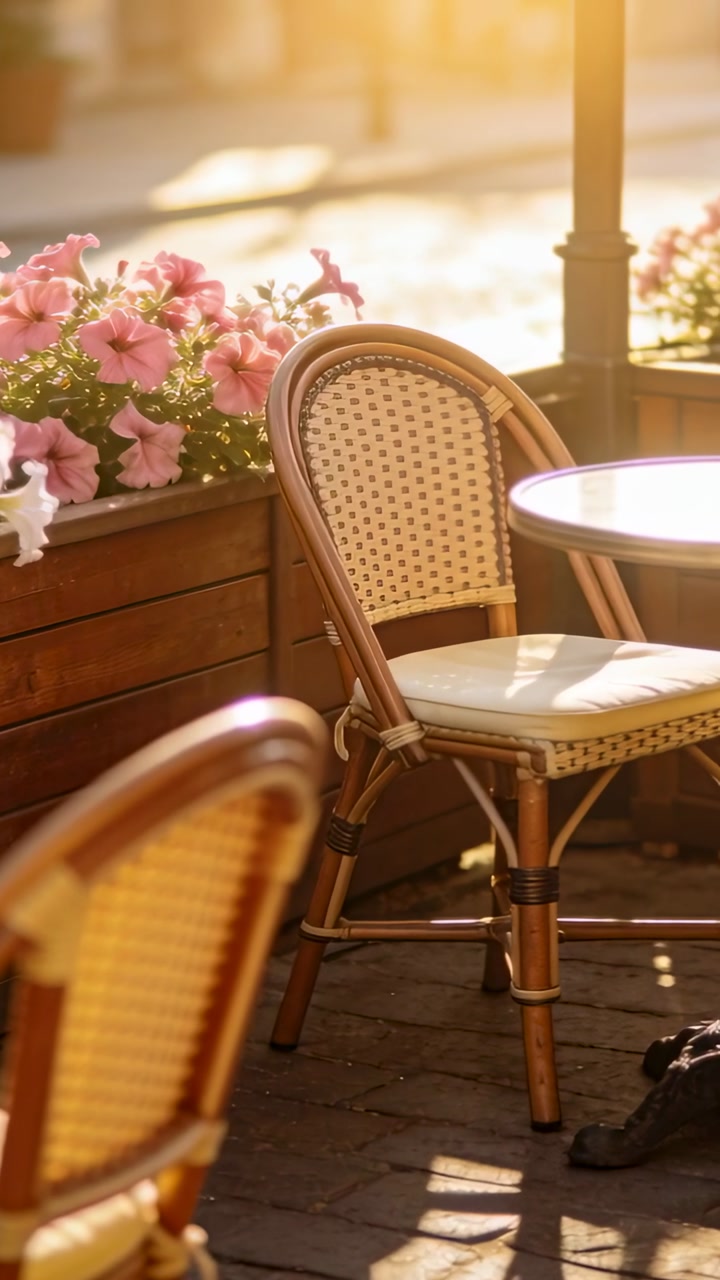 Vertical video: Panning camera capturing empty wicker chair at cafe, showing pink planter, sunlight