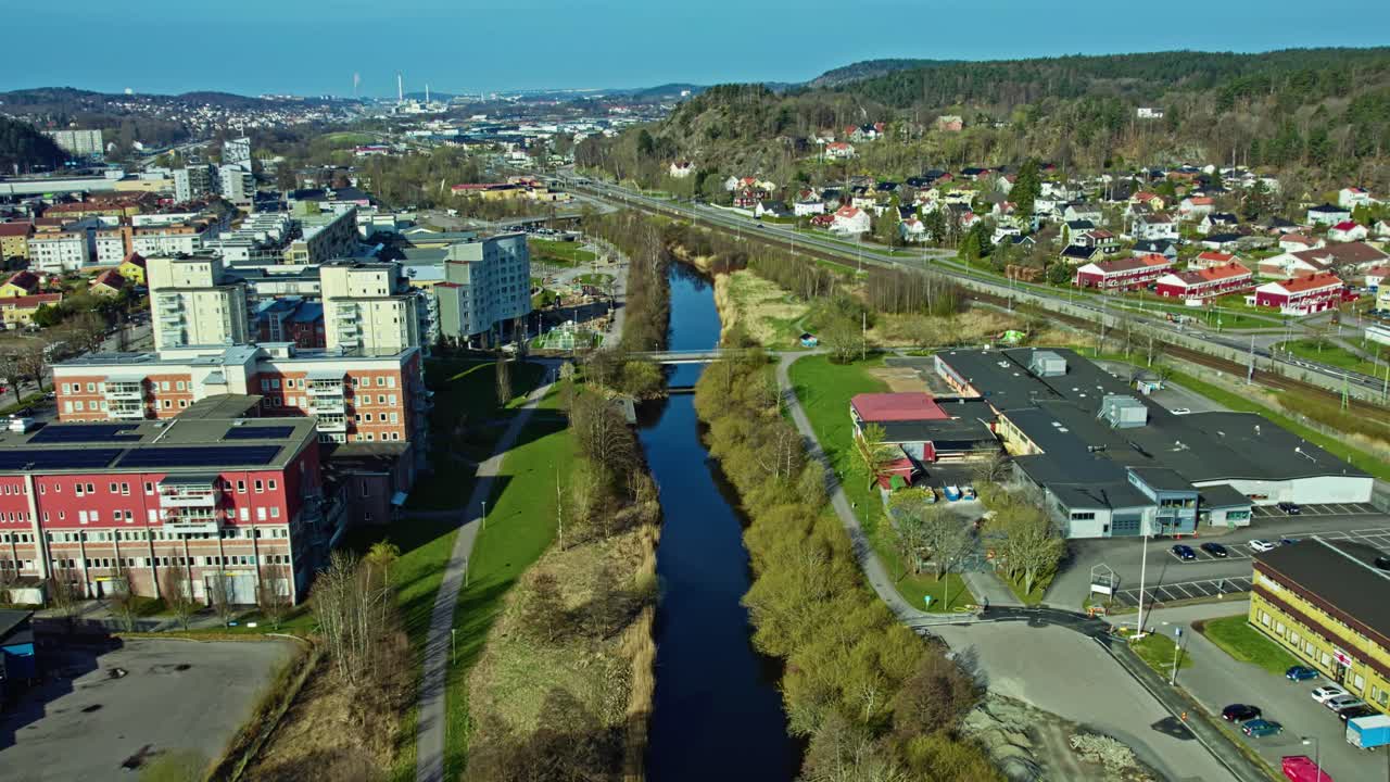 Aerial view of Savean River flowing through vibrant Partille Centrum cityscape