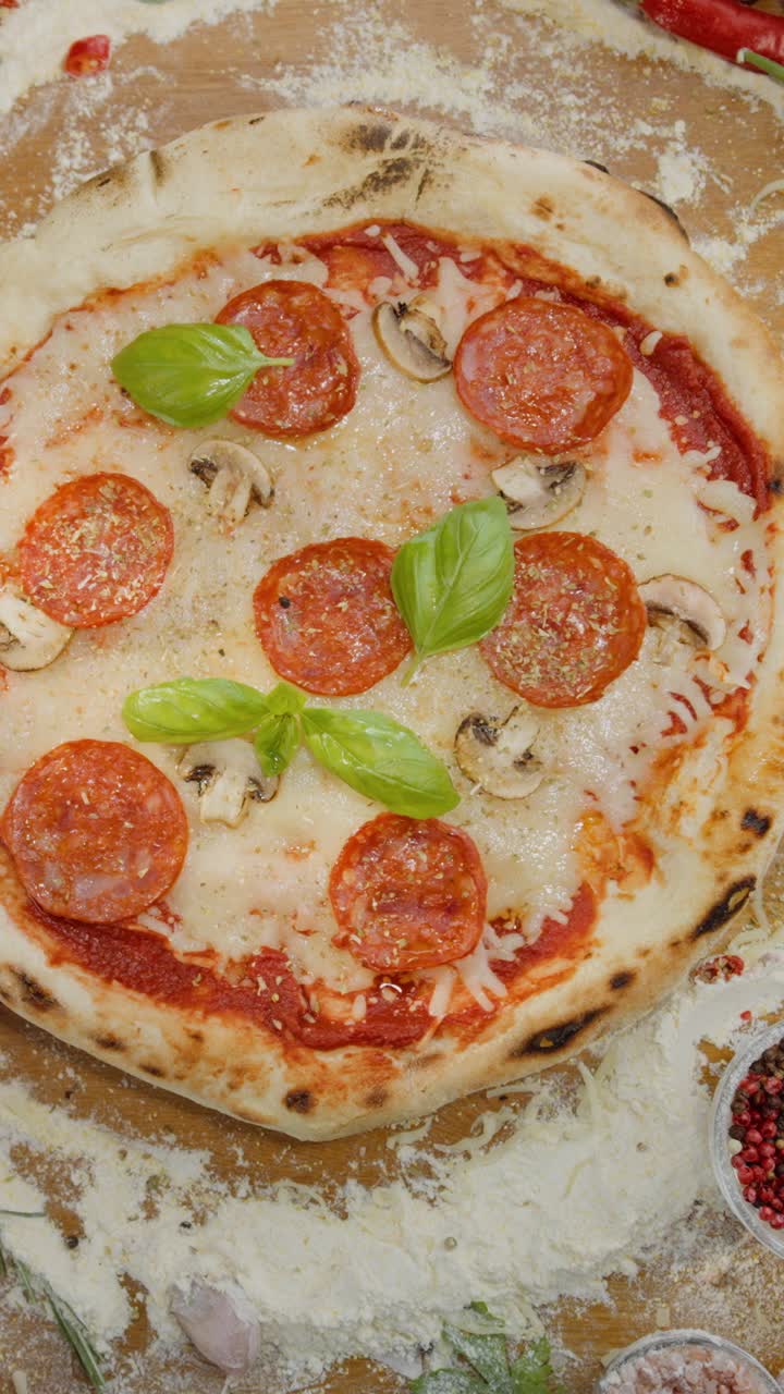 Pizza al peperoncino con funghi e basilico