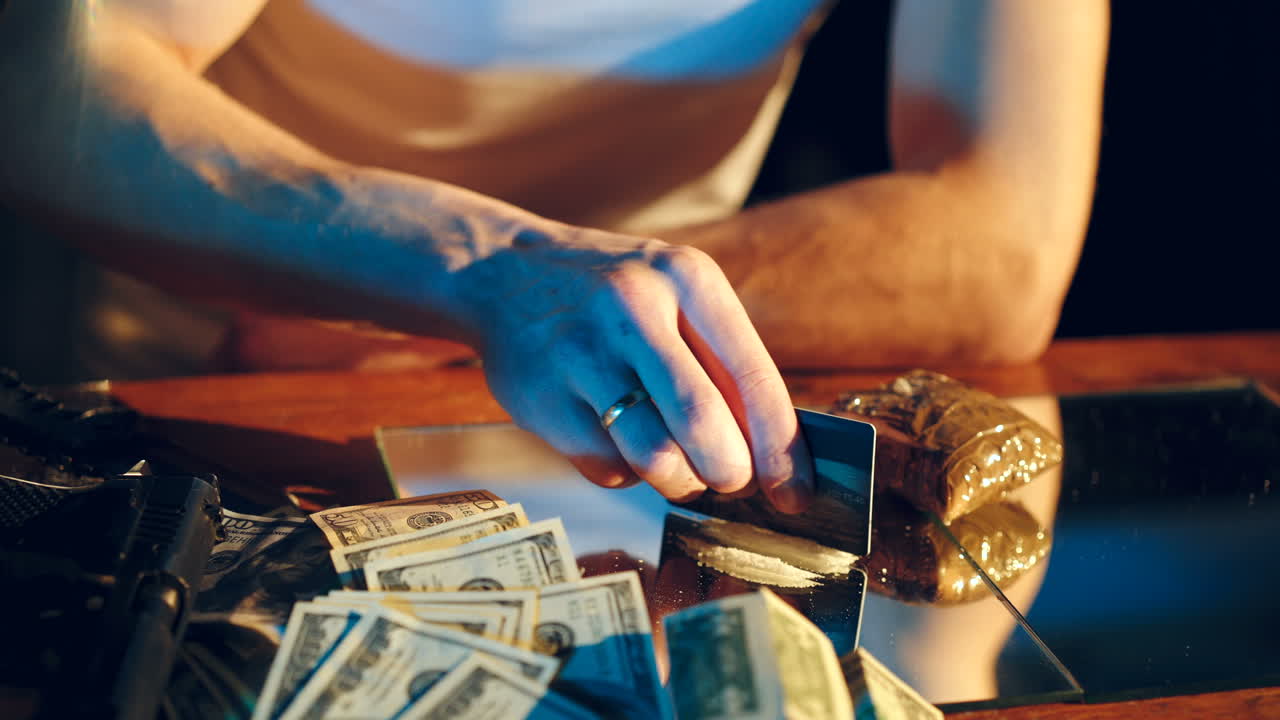 Drug addict preparing cocaine lines. Cocaine powder sorted.