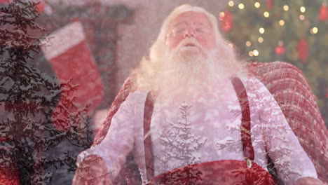 animation of santa claus sleeping in armchair over winter scenery