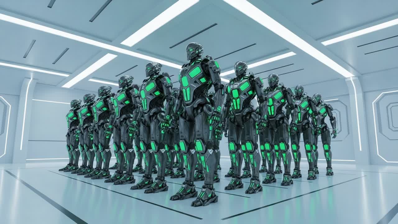 A Squad of High-Tech Robotic Soldiers in a Futuristic Environment, Standing in Formation with Shimmering Green Lights and Sleek Metallic Design