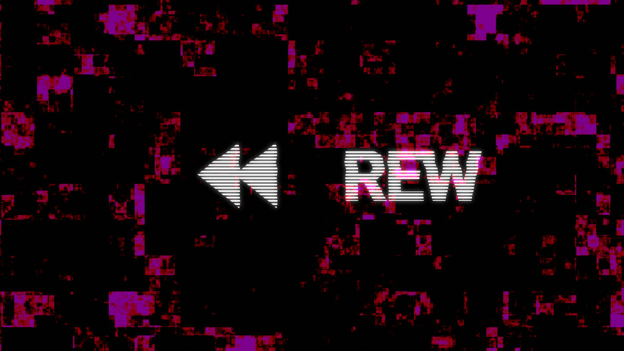 Teks dan Panah Mundur dengan Efek Glitch di Latar Belakang Digital.