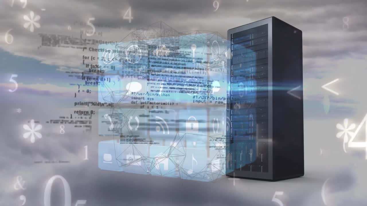 Animation of data processing and icons over server