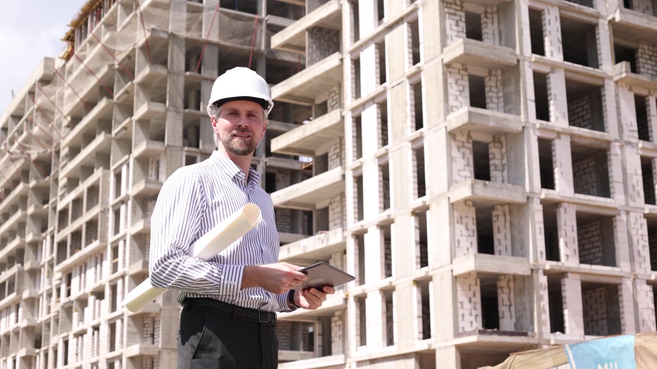 Arquitecto sosteniendo planos y tableta en obra