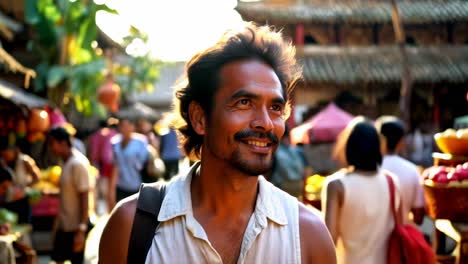young latin traveler visiting a street market during a vacation in southeast asia.