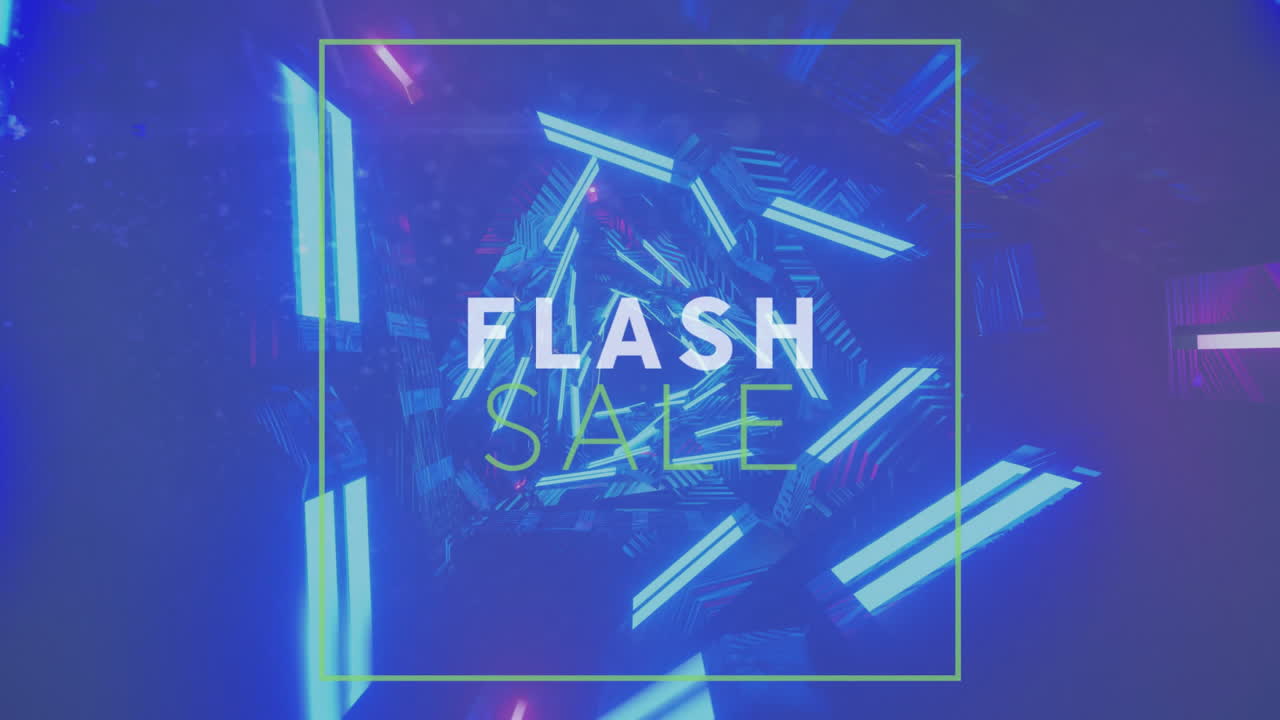 파란색 배경에 회전하는 파란색 직사각형 불빛 위에 플래시 판매 텍스트의 애니메이션