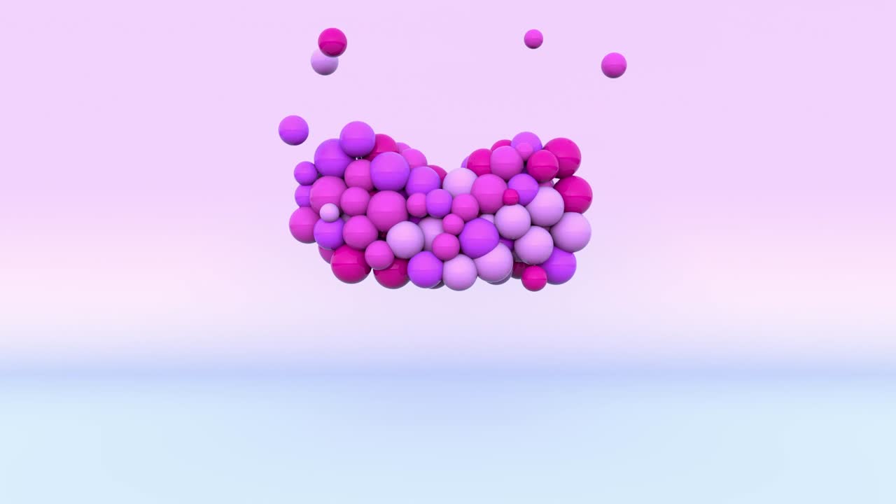 심장 모양의 떠다니는 분홍색 구와 함께 추상적인 3d 기하학 예술. 모션 그래픽. 분홍색 배경. 사랑 개념.