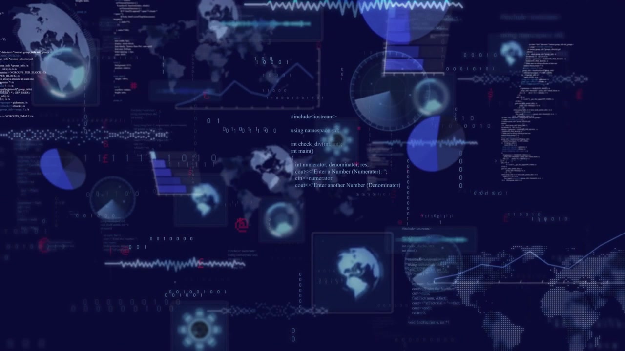 Binary streams initiating, code sliding, charts rotating and overlays converging for data display