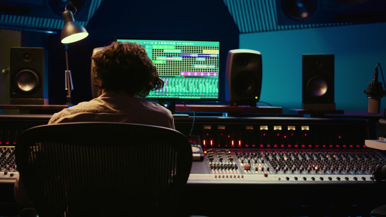 Tracking engineer processing and mixing sound on audio console