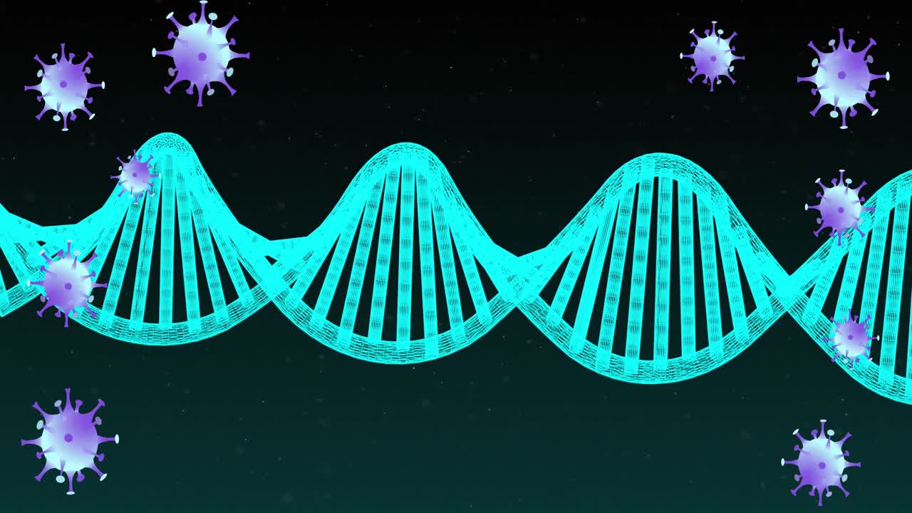 animación de las células de covid 19 que se mueven y la hilera de adn que gira