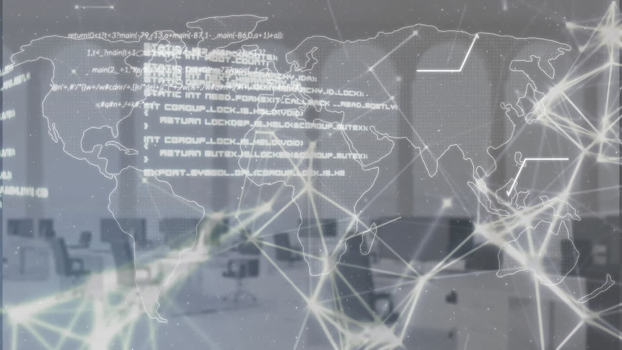 Animation of computer language, connected dots and map, unoccupied chairs in meeting room in office