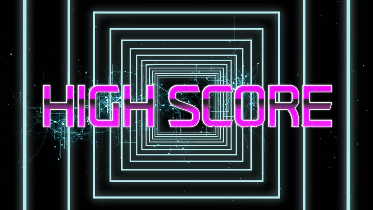 Purple high score text against neon squares in seamless motion on black background