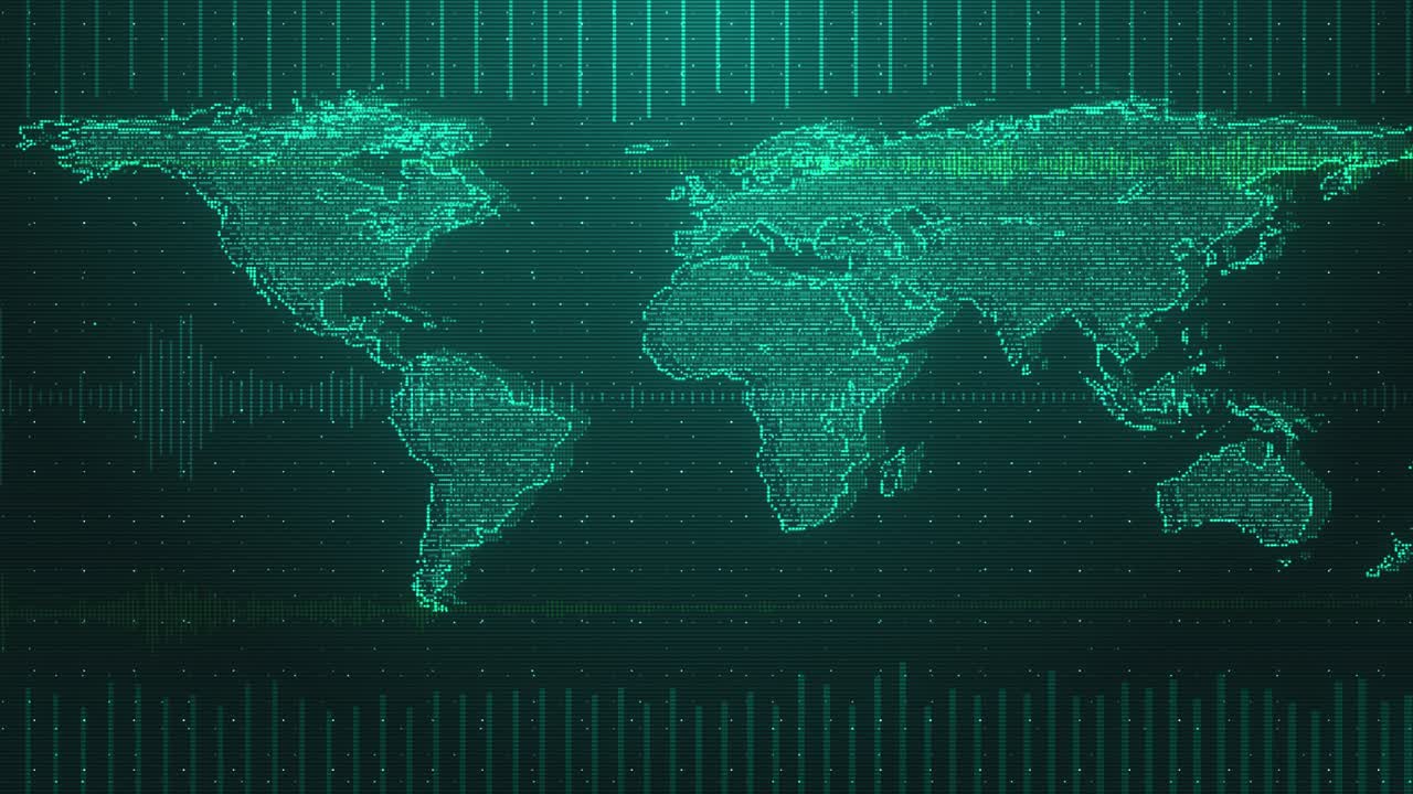 Animated digital map glowing data global network lines grid patterns pulses of tech signals for