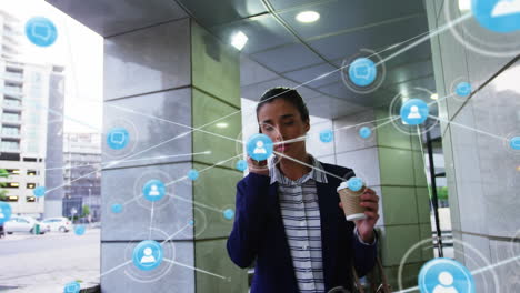 animation of network of connections with icons over businessman wearing vr headsets