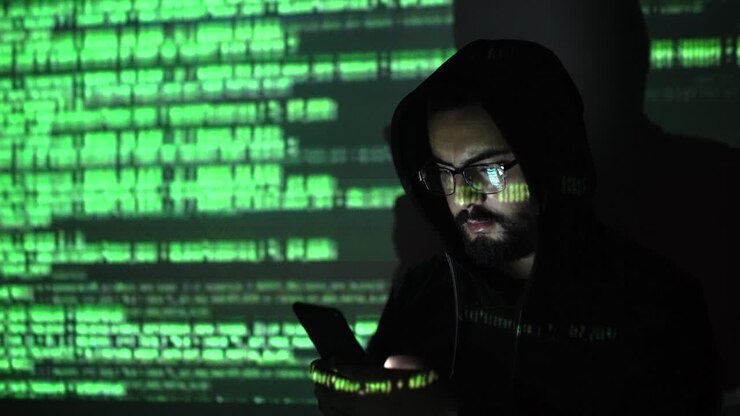 concetto di sicurezza informatica. hacker che ruba informazioni da uno smartphone