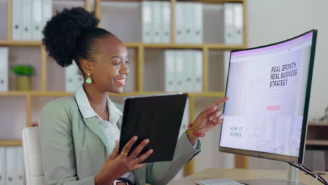 Schwarze-Frau,-Tablet-Und-Computer-Für-Unternehmen