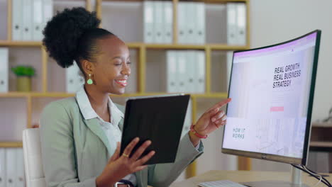 Black-woman,-tablet-and-computer-for-business