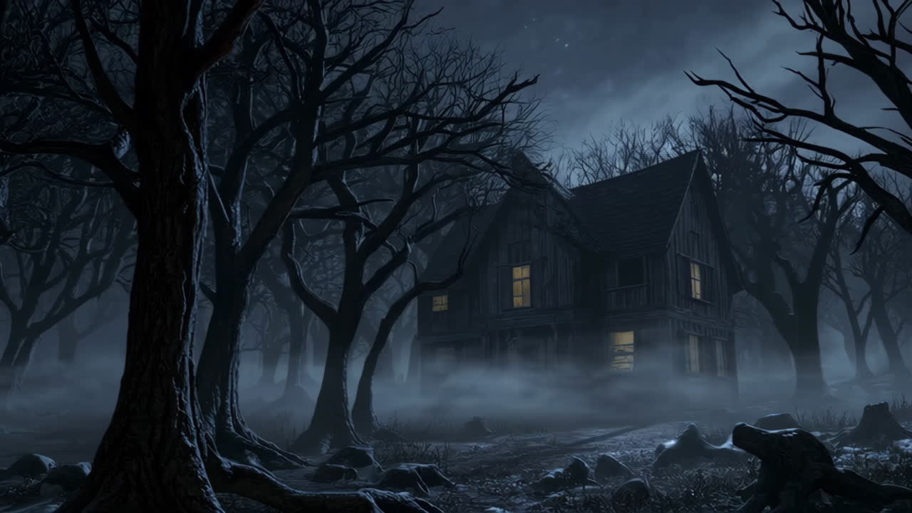 Una casa encantada en un bosque oscuro y brumoso por la noche