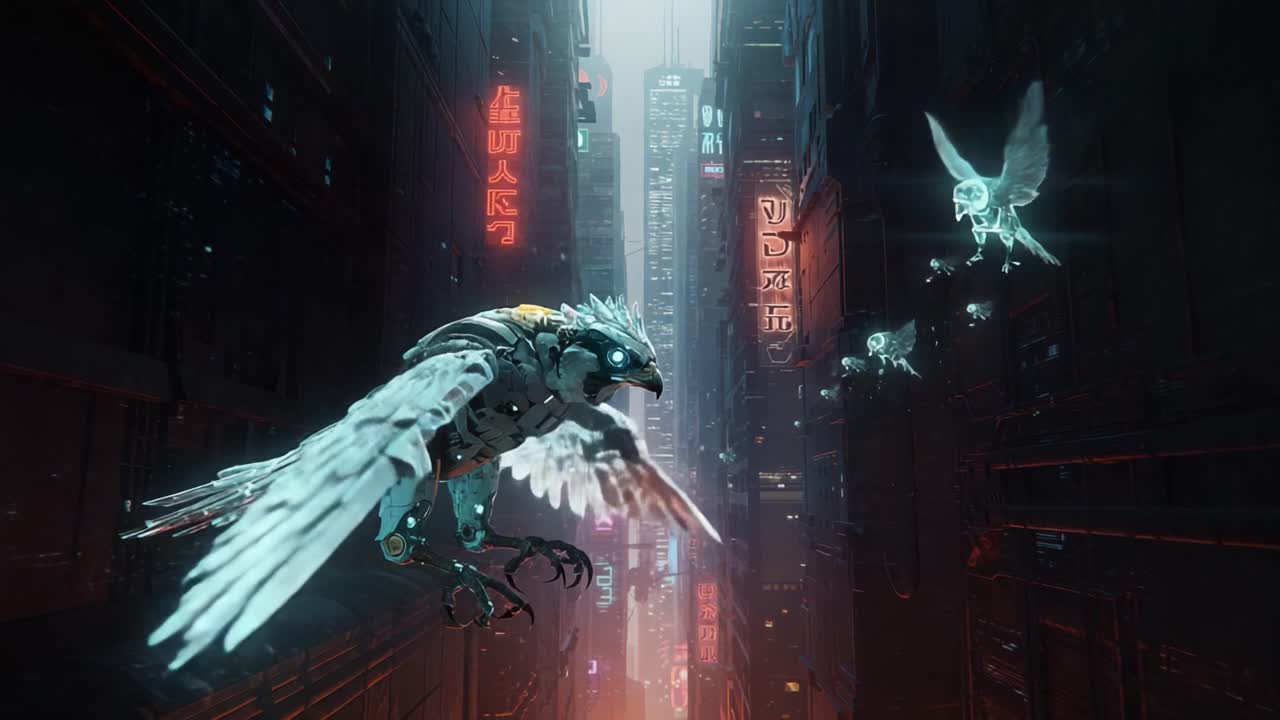 Un paesaggio urbano futuristico che mette in mostra uccelli biomeccanici che si librano attraverso vicoli illuminati al neon, pieni di viste cibernetiche e bagliori eterei