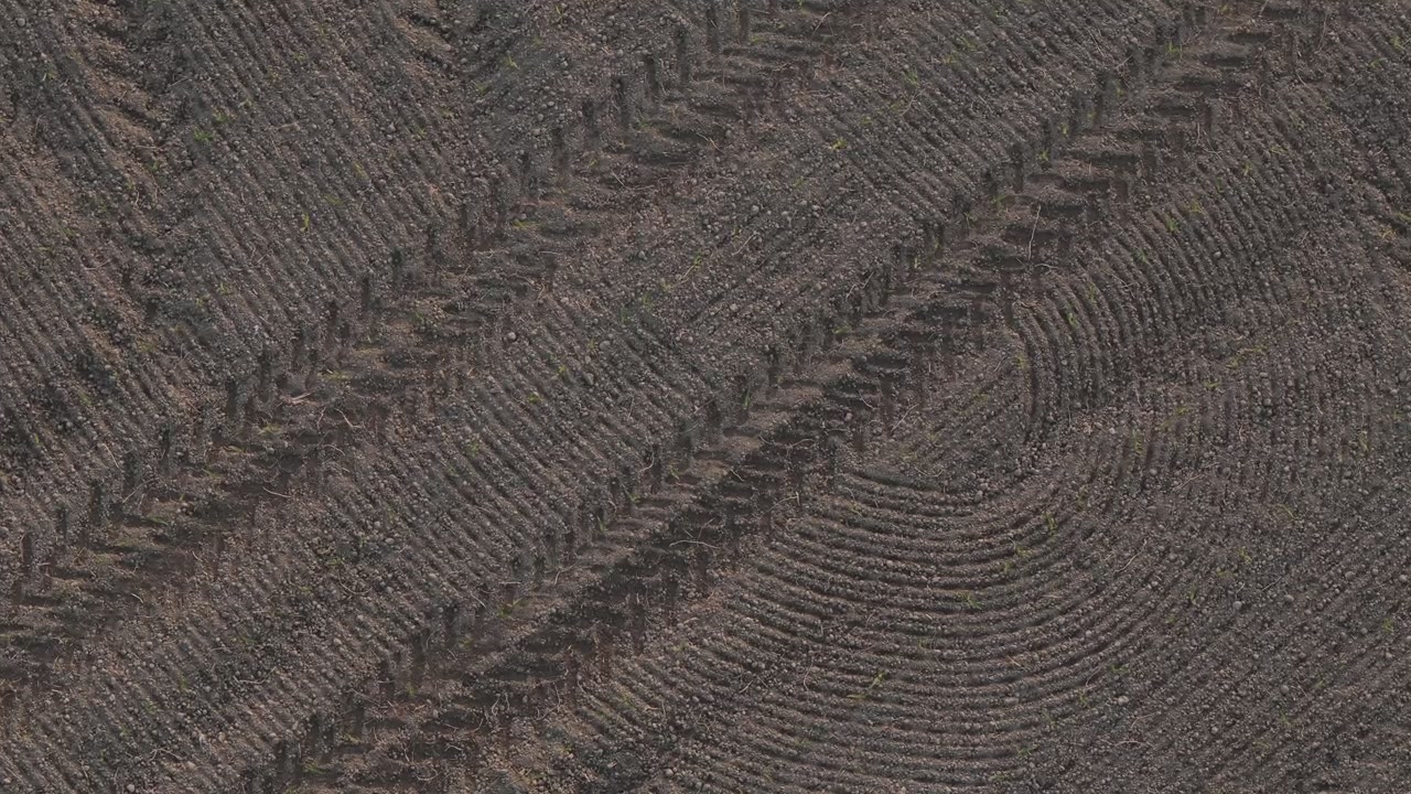 Cultivated farmland in the Po Valley, Italy, revealing circular tractor tillage patterns, mechanized soil preparation, and dry alluvial terrain textures, top down drone shot.
