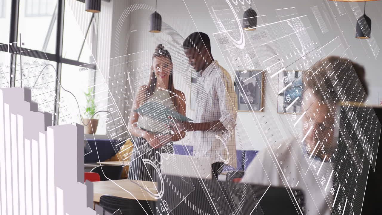 animación de gráficos, círculos de carga, números cambiantes, globo terráqueo, diversos compañeros de trabajo discutiendo informes