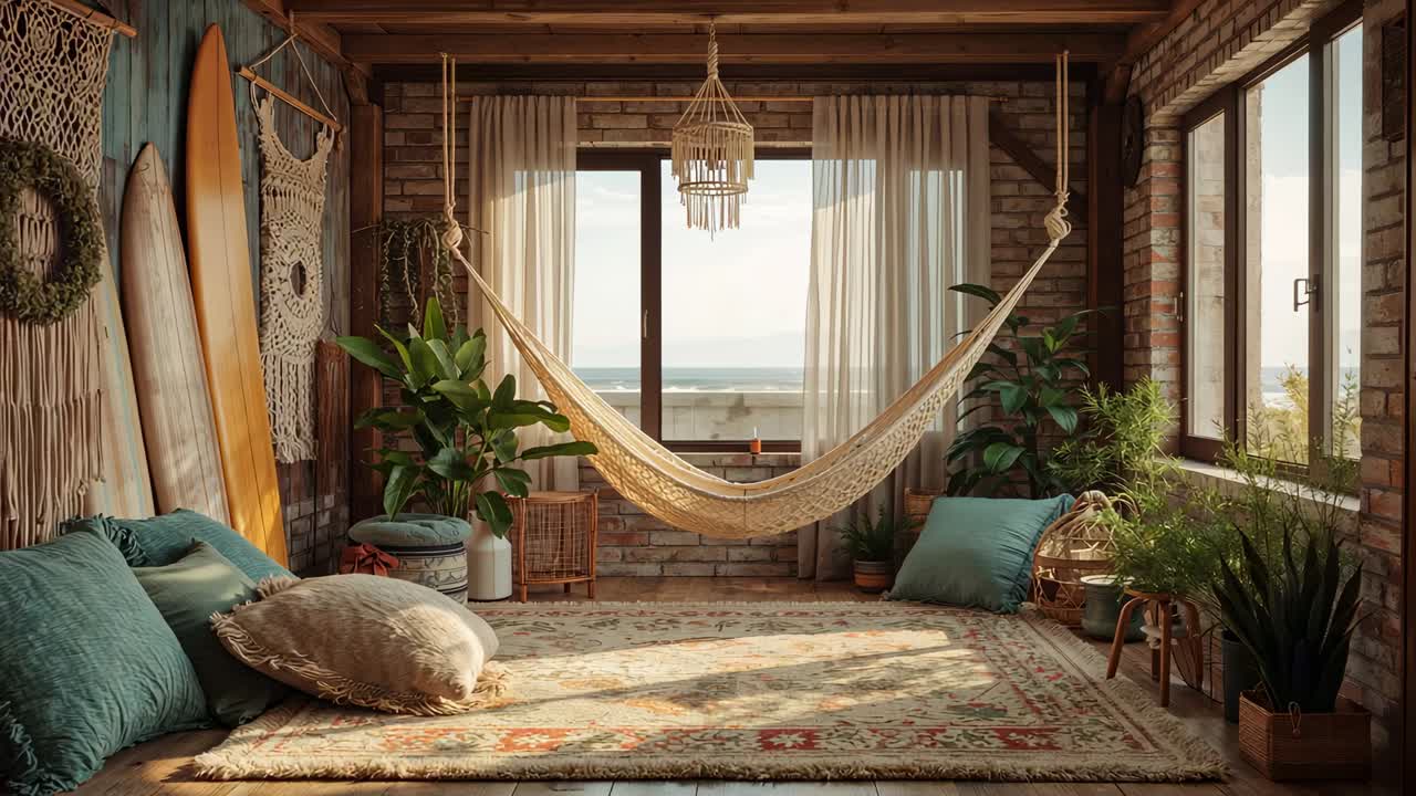 Swaying hammock shifting in coastal sunroom, breeze entering window moving surfboards and curtains