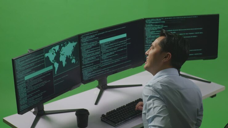 Side View Of Asian Man Developer Having Backache While Write Code With Multiple Computer Screens In Green Screen Studio