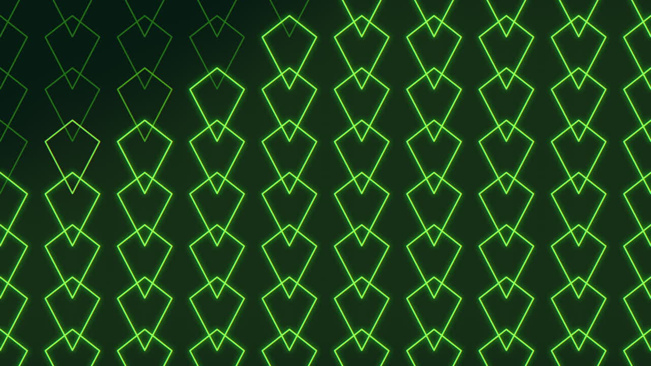 A visually striking image featuring a repeating geometric pattern in black and green hues. Triangles and rectangles form a structured design, with bold, thick green lines standing