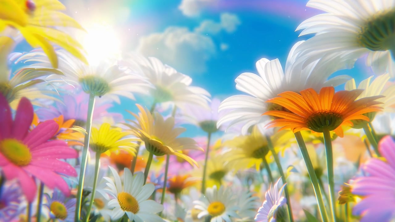 Campo vibrante di margherite con farfalla e coccinella sotto un cielo arcobaleno