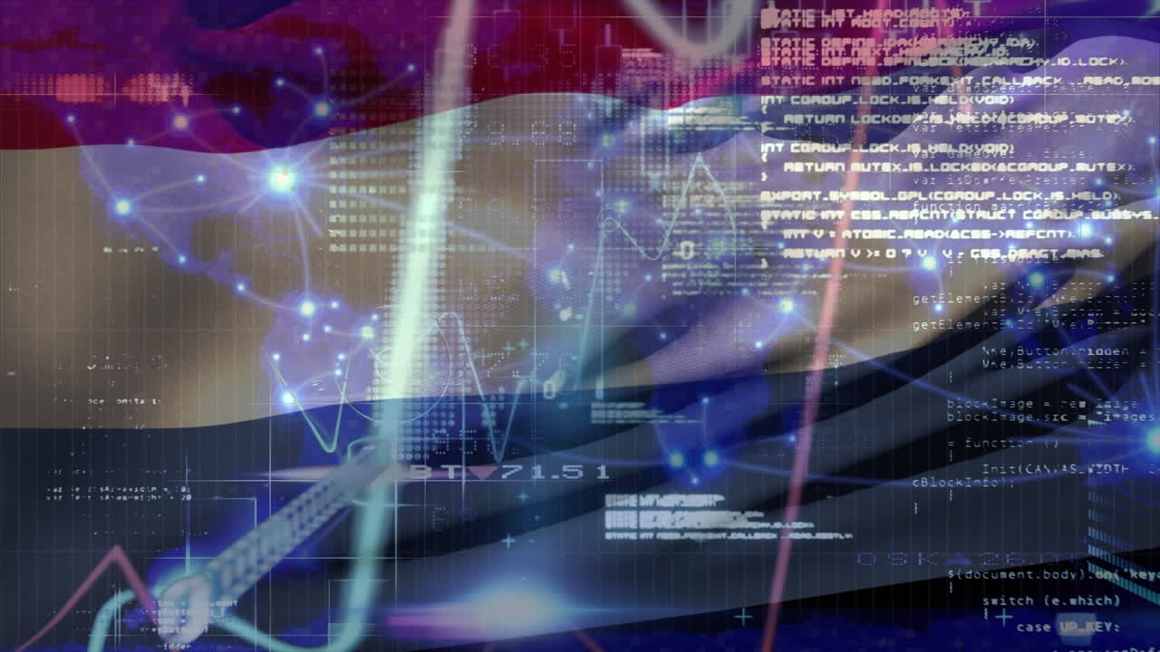 Animation of financial data processing and connections over flag of netherlands
