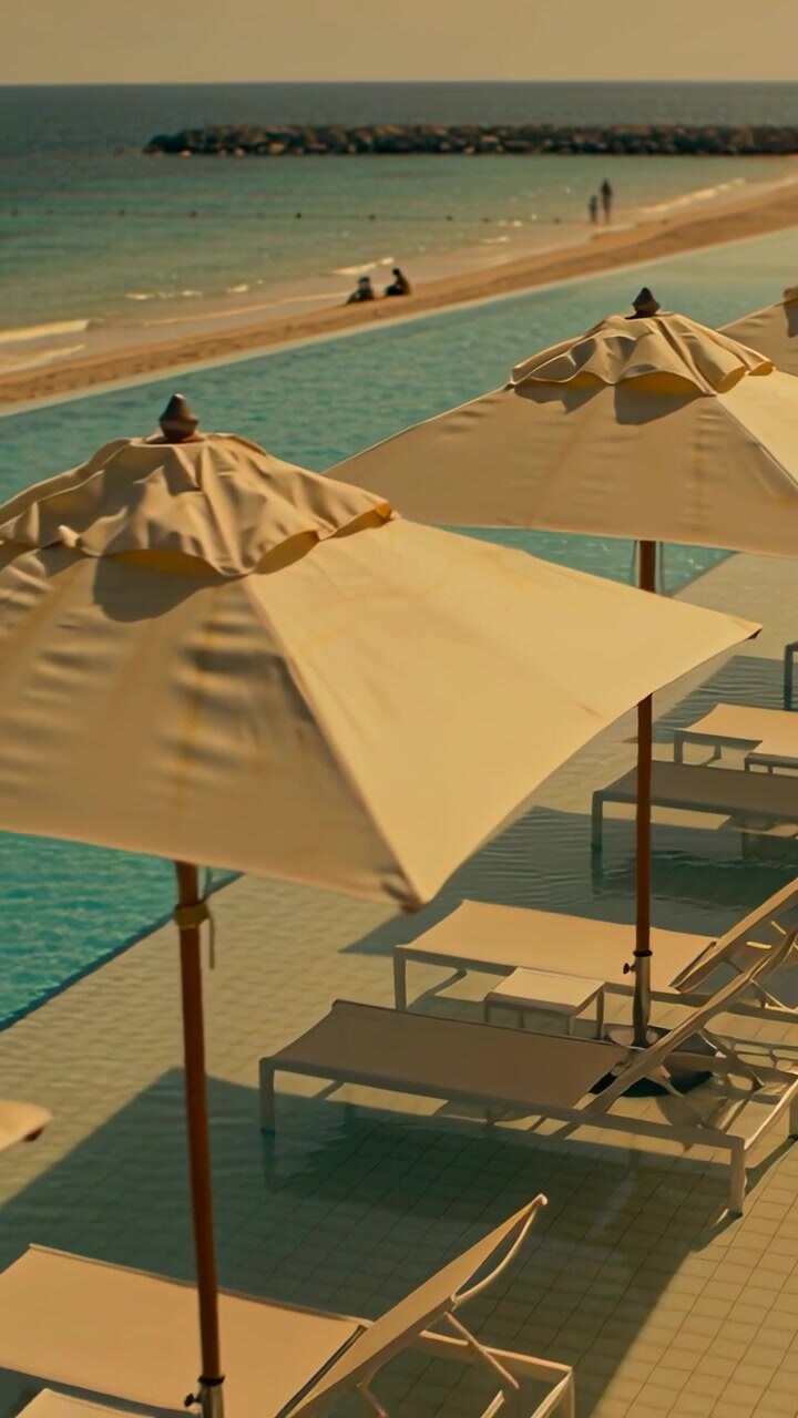 Video verticale: Panoramica della telecamera, brezza che solleva un ombrellone in un resort, mostrando sedie e costumi da bagno