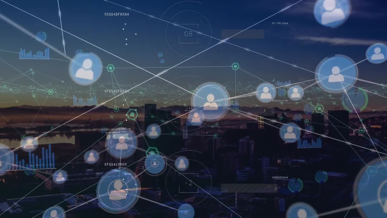 animación de la red de conexiones y procesamiento de datos sobre el paisaje urbano