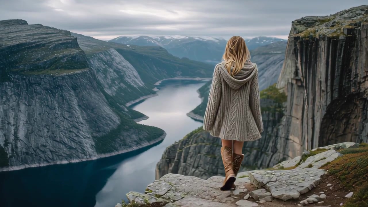 Rear view of a woman in warm sweater and boots walking toward a rocky cliff edge overlooking a deep fjord and mountains, moody overcast sky, outdoor travel scenery