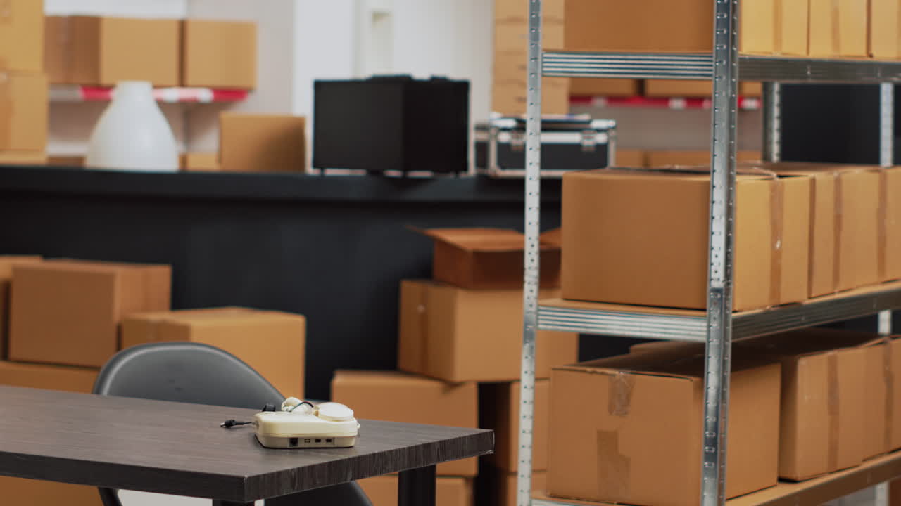 Warehouse storage with boxes and a desk