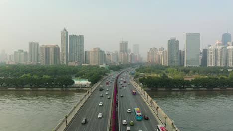 sunny evening guangzhou city pearl river traffic bridge road aerial panorama 4k china