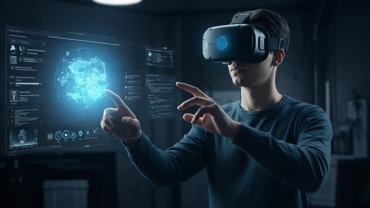 Exploring the Virtual Realm: A User Interacting with Advanced VR Technology in a Digital Interface Environment with Holographic Elements and Immersive Experiences