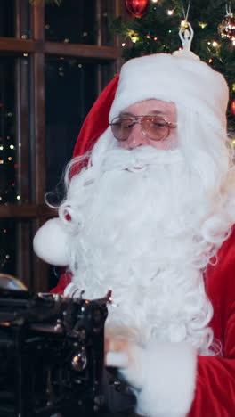 santa claus writes a letter at a typewriter, sitting in an evening room near a christmas tree vertical video