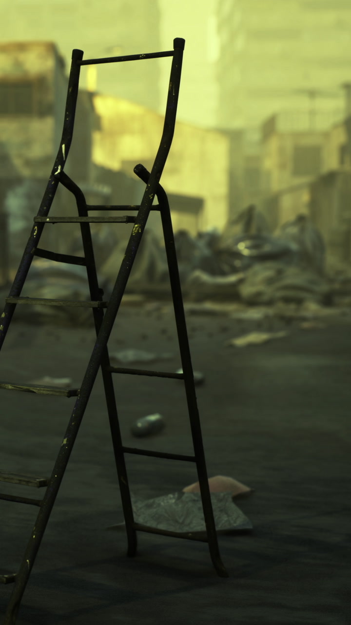 Rusty ladder standing alone in a deserted urban landscape at dusk