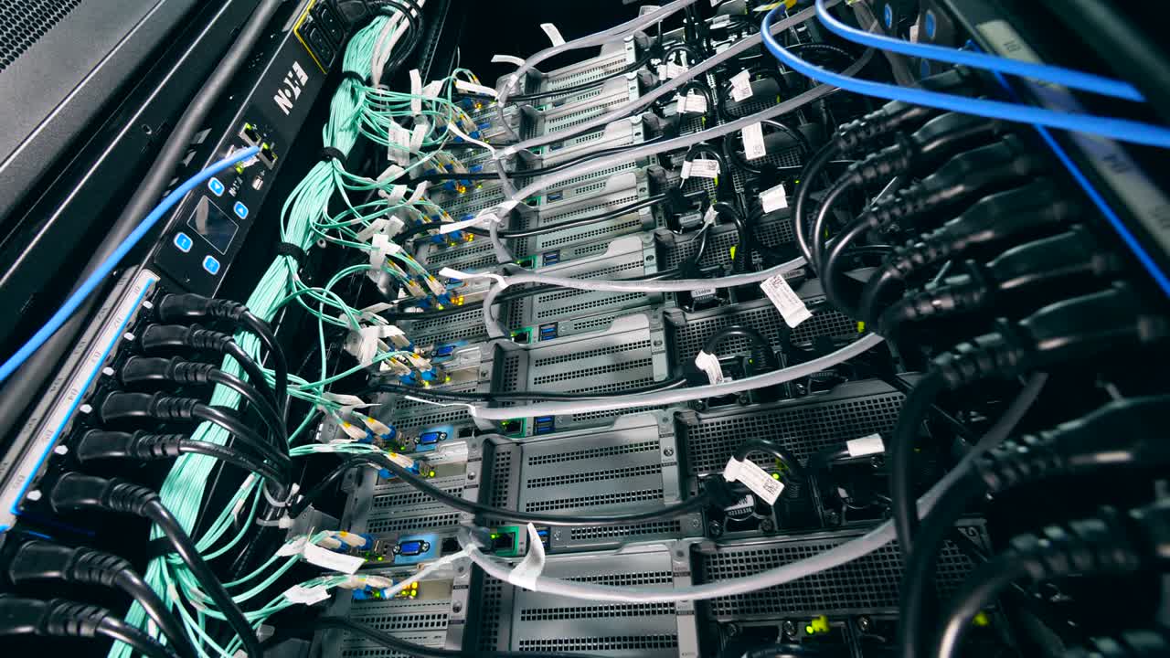 computadora del centro de datos con cables.