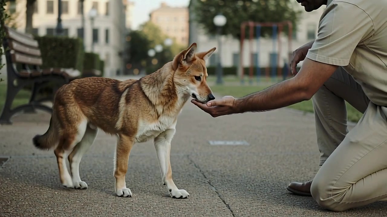 Kneeling man in short-sleeve shirt extending cupped hand offering treat, dog approaching in park