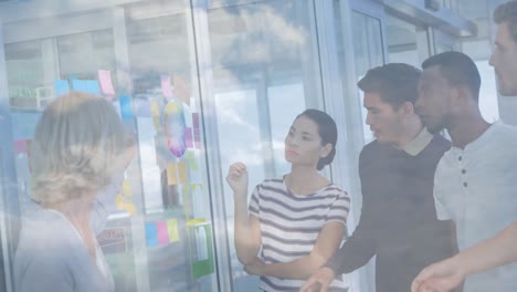 Animation-of-group-of-businessmen-at-a-meeting-brainstorming-with-clouds.