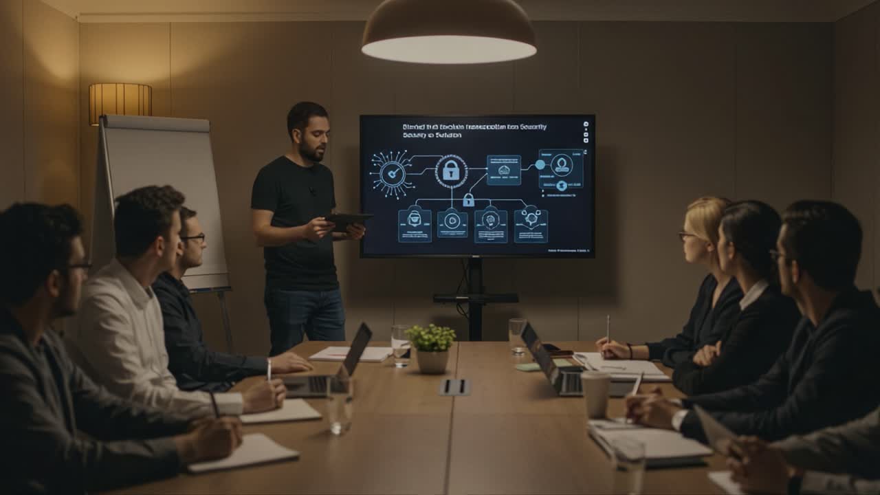 A Professional Presentation on Cybersecurity Insights: Engaging Discussion in a Modern Conference Room with Visual Aids and an Informed Speaker