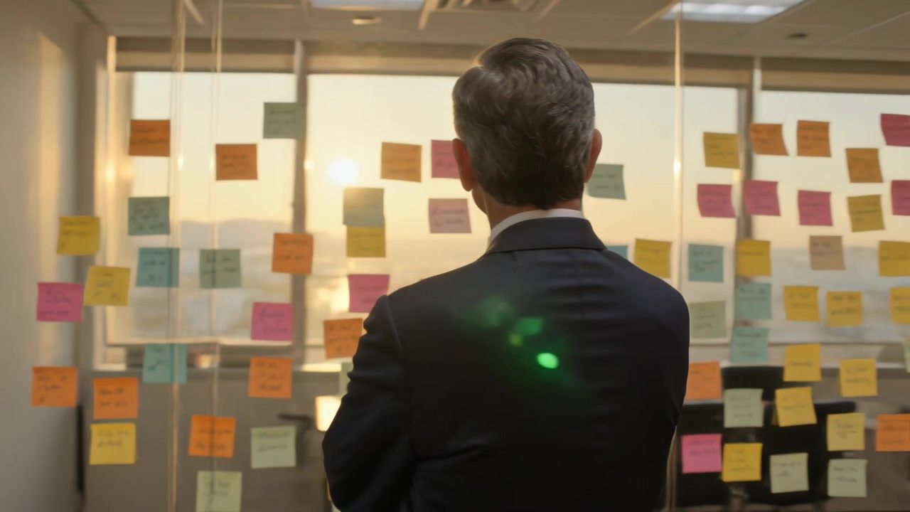 Camera shifting, executive in suit reading sticky notes on glass wall in office, reviewing plan