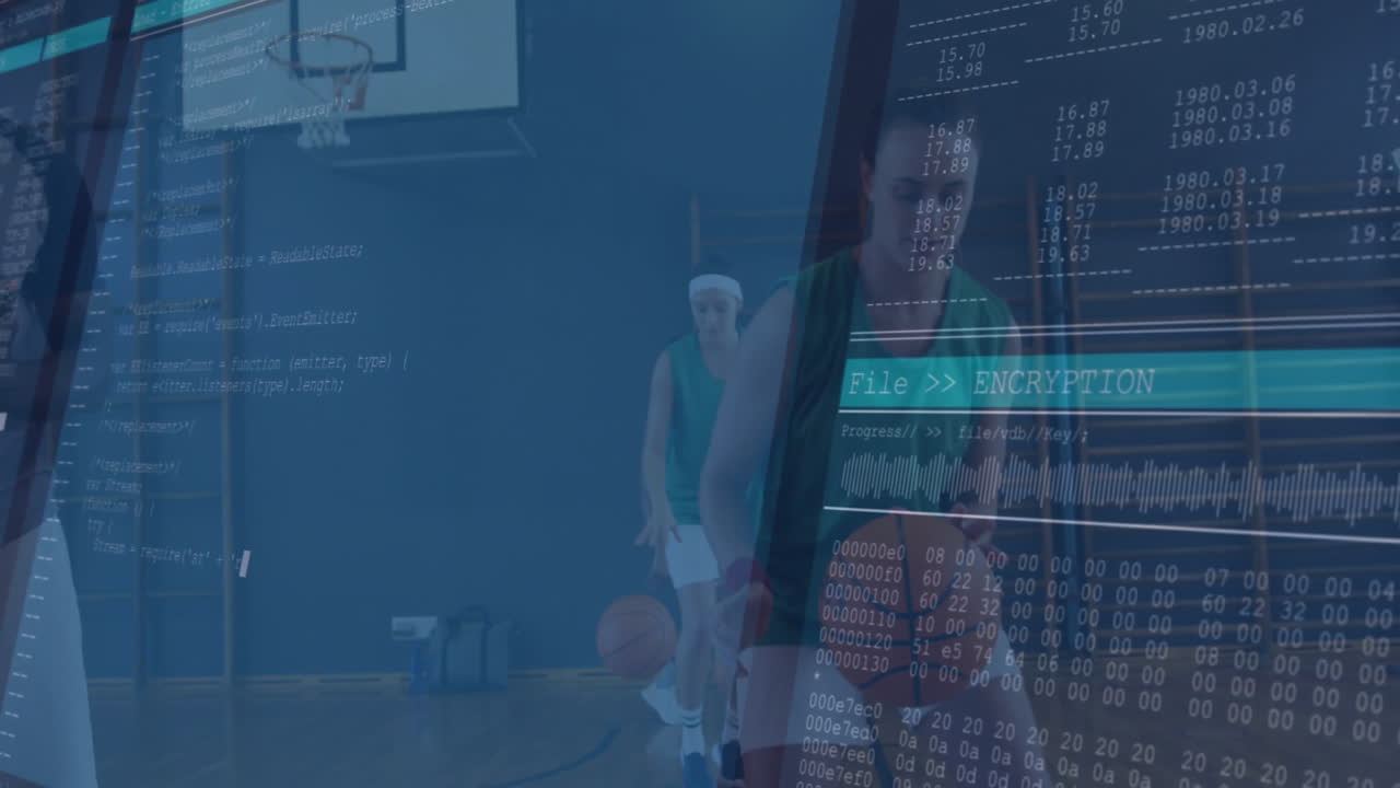 Female basketball players dribbling across court while encryption overlay merging sports and tech