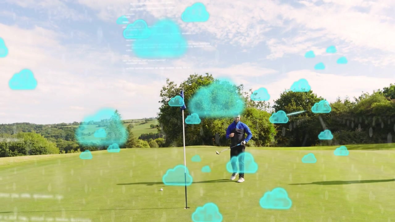 Mannelijke golfer lijnt putt uit op de green, maakt slag die bal naar de hole stuurt, wat turquoise overlays veroorzaakt.